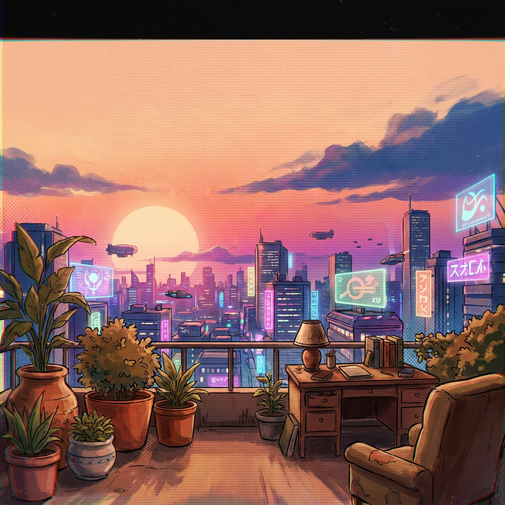 A dreamy retro-futurist anime city at sunset